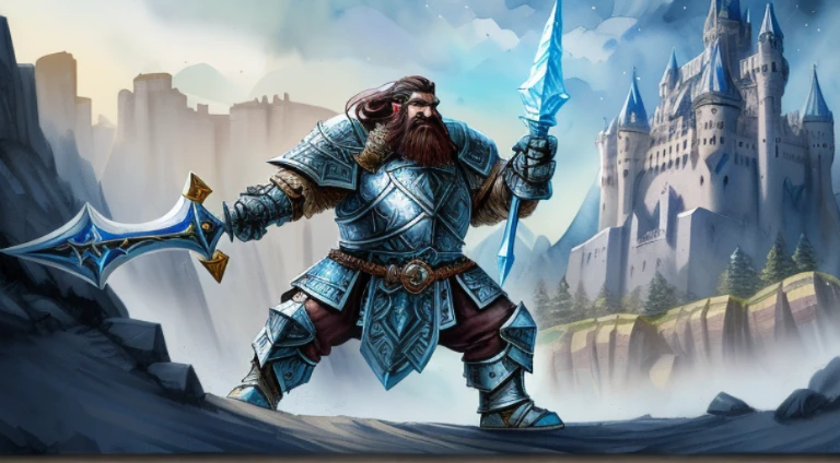 Dwarven Paladin, scalemail armor, ornate polearm, crystal great sword, dynamic pose, expressive hands, castle & city complex(watercolor and ink), realistic impressionist painting, ultra detailed, full-body portrait, superb quality, hyperdetailed, whimsical digital concept art, ethereal, watercolor, 64k, elemental magical effects, volumetric lighting,