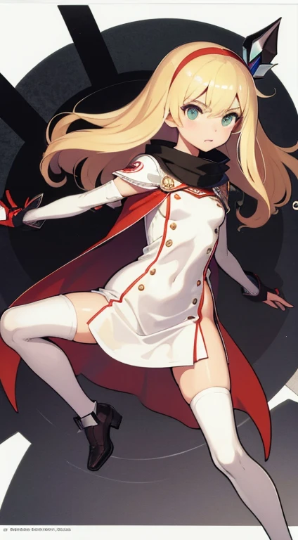 (((Best Quality))) , ((full body)), female, reference sheet, solo, (white background), holding weapon, gloves, waist armor, thigh high, side slit trench skirt, blue, orange, green, violet, brown, white, Bust Bodice,