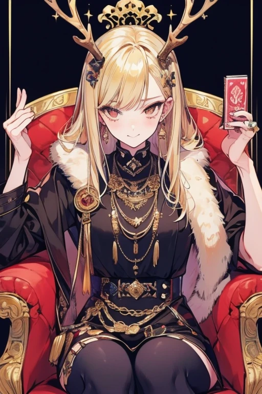 Unparalleled beauty,perfect face、Queen、sitting on the throne、magazine cover、(male people、male peopleだけ),Perfect Eye、old-fashioned costume、retro style、Deer antlers grow from the head、、golden eyes、blonde、Shy laughter、lick your fingers with your tongue、Luxury brand clothes、Outerwear、ファッションmodeled、actor、modeled、brand costumes、well-trained physique、provocative smiling、well-muscled、Full body Esbian,