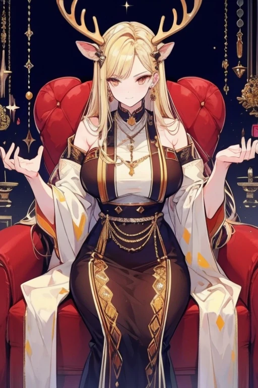 Unparalleled beauty,perfect face、Queen、sitting on the throne、magazine cover、(male people、male peopleだけ),Perfect Eye、old-fashioned costume、retro style、Deer antlers grow from the head、、golden eyes、blonde、Shy laughter、lick your fingers with your tongue、Luxury brand clothes、Outerwear、ファッションmodeled、actor、modeled、brand costumes、well-trained physique、provocative smiling、well-muscled、Full body Esbian,