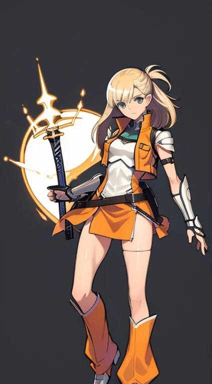 (((Best Quality))) , ((full body)), female, character design, solo, (white background), holding sword, gauntlets, waist armor, thigh high, side slit trench skirt, blue, orange, green, violet, brown, white, colorful outfit, vest, bare arms, bareback, tactical vest, Bust Bodice,