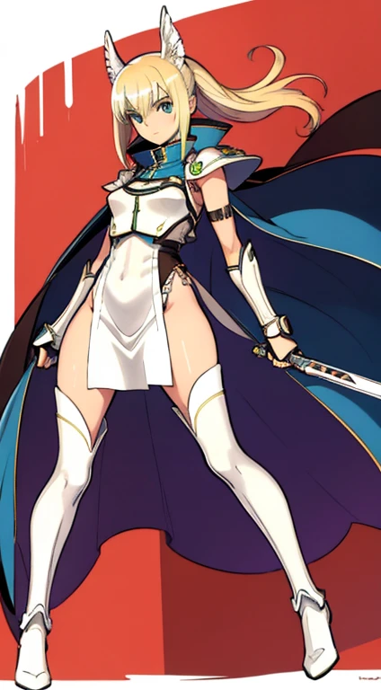 (((Best Quality))) , ((full body)), female, character design, solo, (white background), holding sword, gauntlets, waist armor, thigh high, side slit trench skirt, blue, orange, green, violet, brown, white, colorful outfit, vest, bare arms, bareback, tactical vest, Bust Bodice,