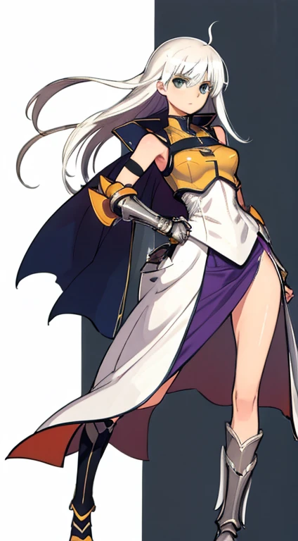 (((Best Quality))) , ((full body)), female, character design, solo, (white background), holding sword, gauntlets, waist armor, thigh high, side slit trench skirt, blue, orange, green, violet, brown, white, colorful outfit, vest, bare arms, bareback, tactical vest, Bust Bodice,
