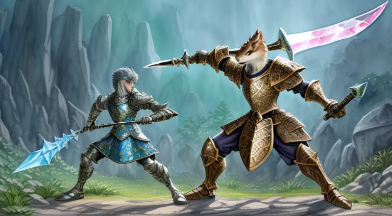 Kobold(compact anthro xenopus), scalemail armor, stone polearm, crystal sword, dynamic pose, expressive hands, crystal cave complex(watercolor and ink), realistic impressionist painting, ultra detailed, full-body portrait, superb quality, hyperdetailed, whimsical digital concept art, ethereal, watercolor, 64k, elemental magical effects, fungal phosphoric lighting,