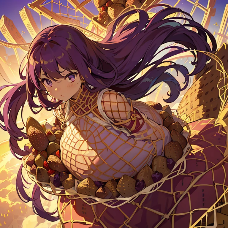A girl with long afro hair flying low in the air covered in boiling large strawberry cake armor serving a large purple potato jam、amazing dynamism、amazing angle、unstable buoyancy sandstorm、(((Lots of friendly oversized dried fruit cubes to chase in a floating latticework)))、((surround each other'extra large lattice straw))、