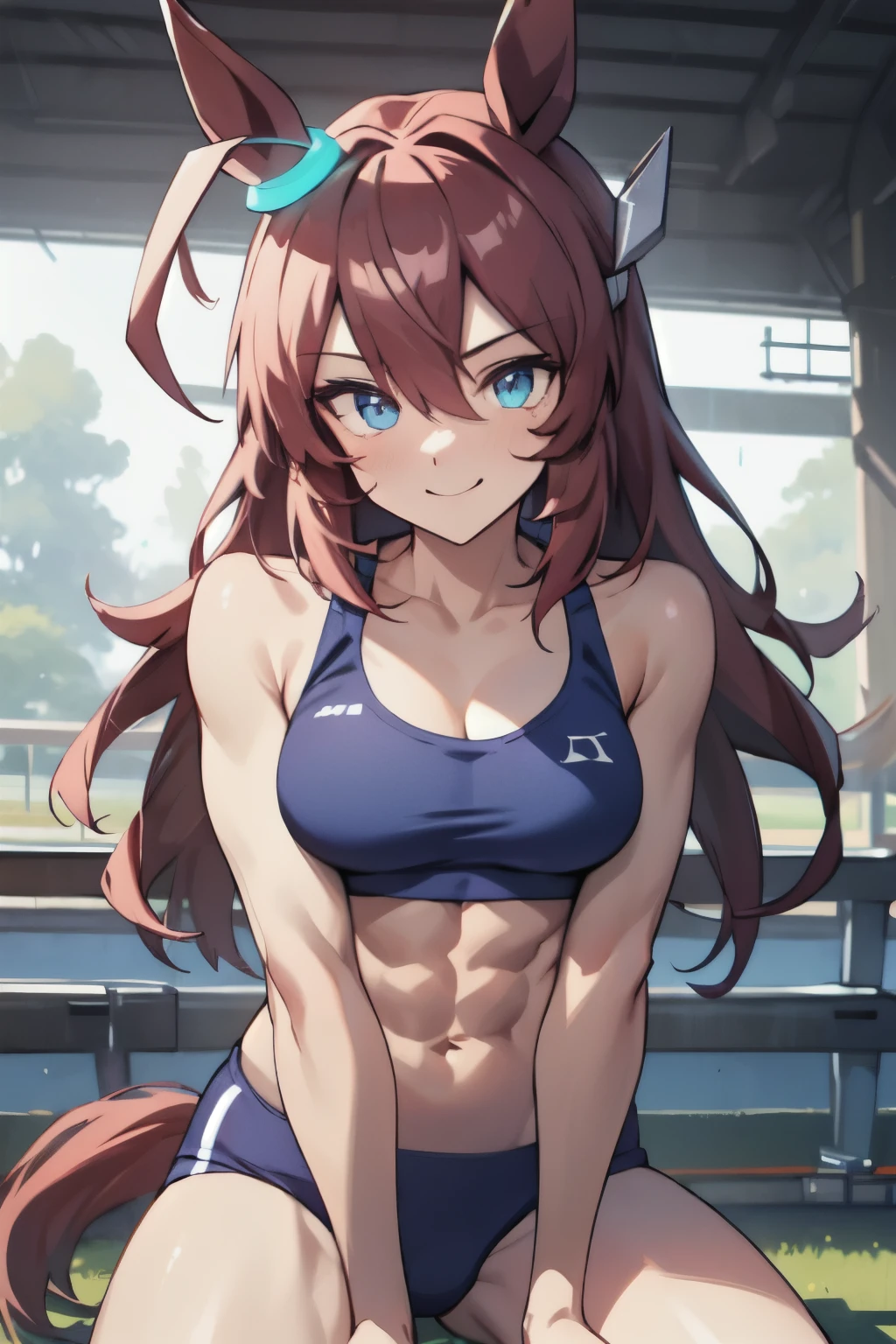 mihono bourbon\(umamusume\), masterpiece, best quality, ((ultra-detailed face)), symmetrical face, beautiful face, slender, muscle, abs, sports bra, horse tail, smile, athletics track, large tits, hand between legs