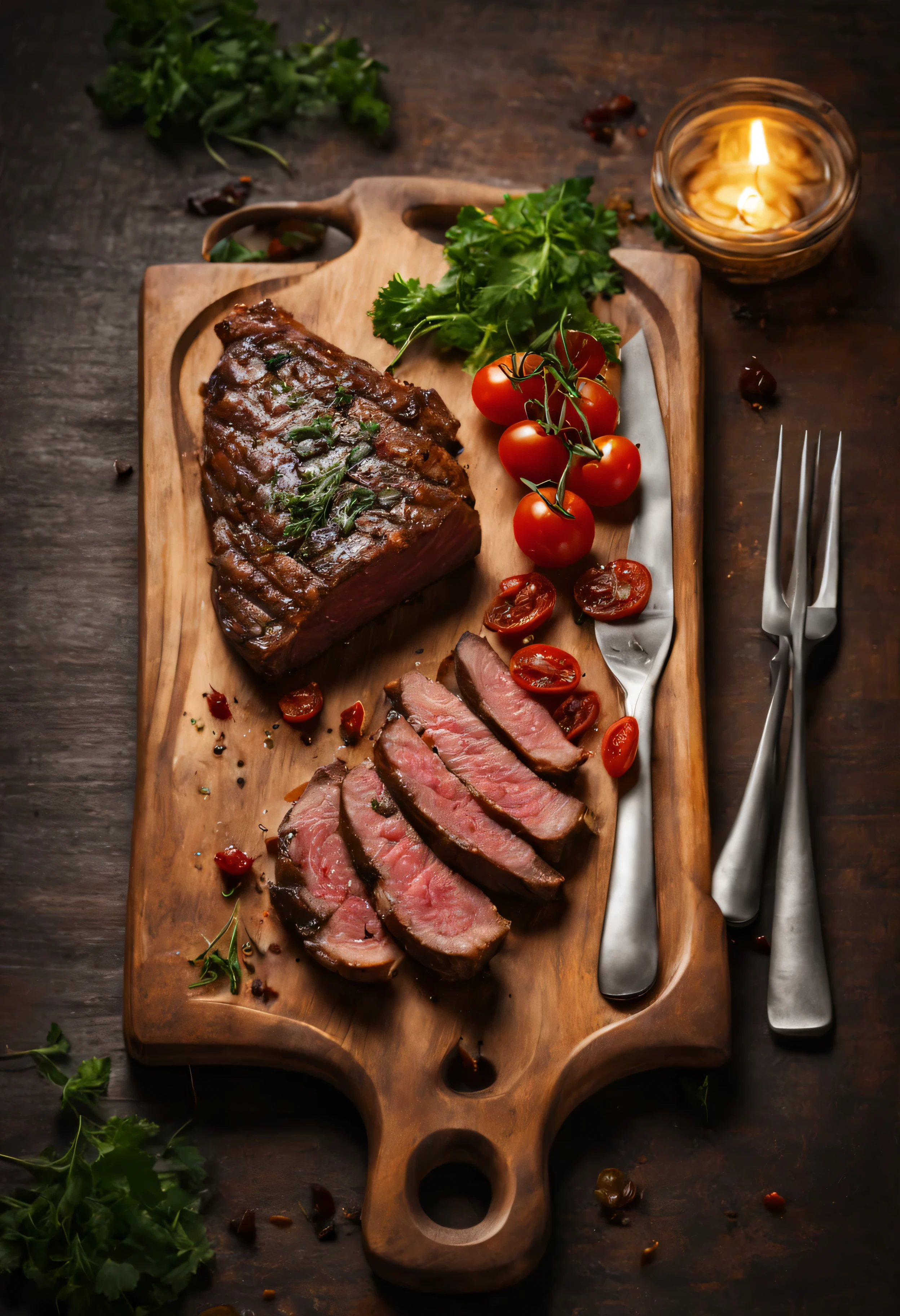 realistic images, Various sauce particles of medium beef steak on wooden cutting board, Onion slices on the side, Cherry tomato, small dried tomatoes, parsley slices, Forks and knives are neatly organized., Focus on the front of the steak, The rest is out of focus., dark. in the background, Old oil lamp in the background is blurred (The light is on). ratio 16:9.