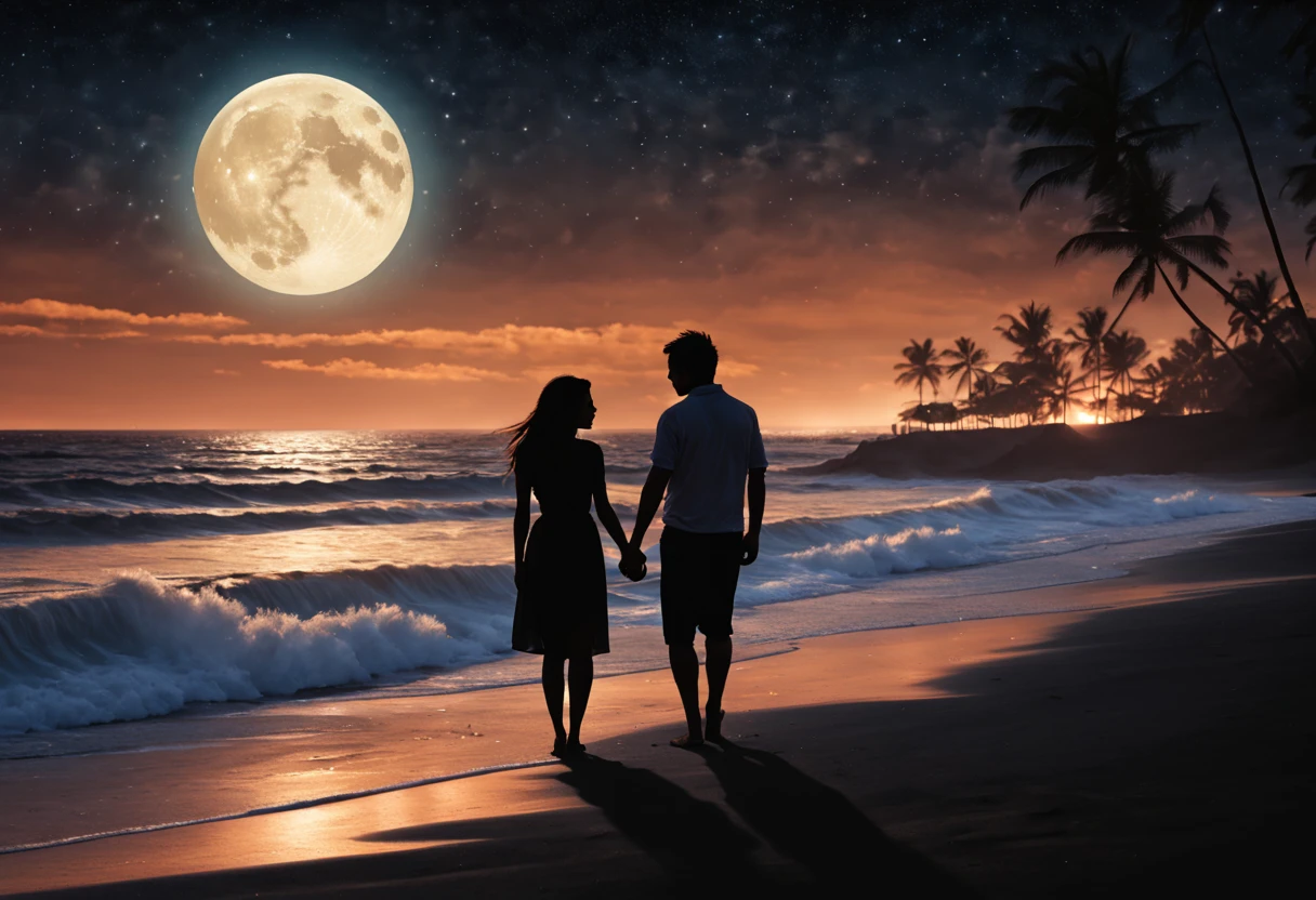 (high resolution, realistic) Silhouette Art, professional backlit image of a couple in love on the beach, in the moonlight, with a spectacular sky, black sand, gentle waves, shining stars, bright moonbeams, romantic atmosphere , soft, fine colors. details, serene and peaceful, artistic background, calm ocean, delicate contours, passionate emotions, dreamlike surroundings, dramatic composition, happy moments, perfect harmony.