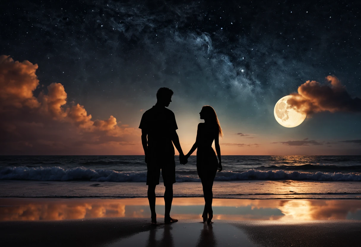 (high resolution, realistic) Silhouette Art, professional backlit image of a couple in love on the beach, in the moonlight, with a spectacular sky, black sand, gentle waves, shining stars, bright moonbeams, romantic atmosphere , soft, fine colors. details, serene and peaceful, artistic background, calm ocean, delicate contours, passionate emotions, dreamlike surroundings, dramatic composition, happy moments, perfect harmony.