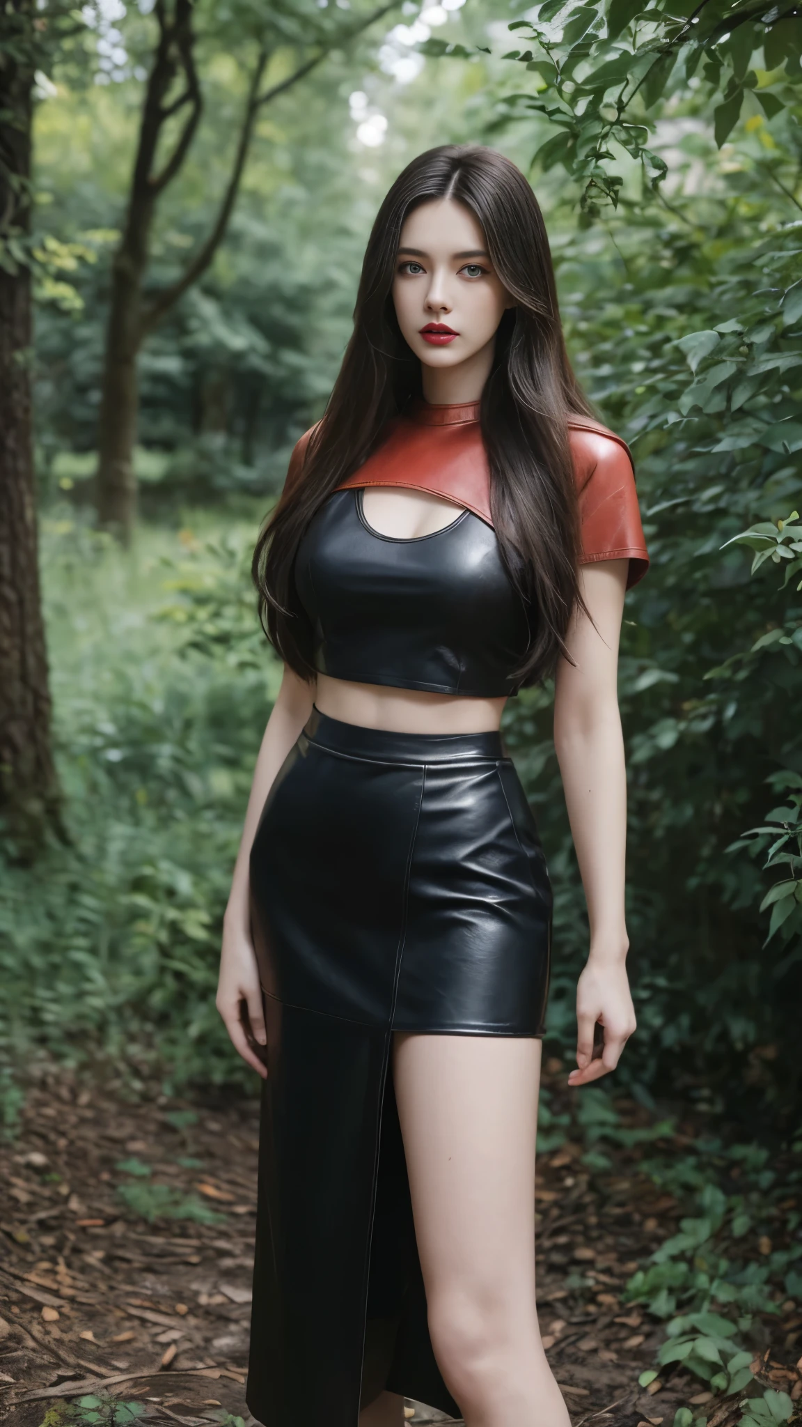 Beautiful girl, long hair, layered hair, femoral, blue eyes, Red lips, light makeup, leather crop top, leather pencil skirt, Black and red color combination outfit, park landscape, tall tree, bush,