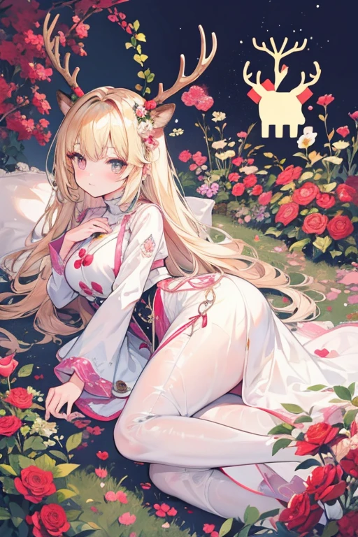 Unparalleled beauty,perfect face、Lie down in a beautiful flower garden、,Perfect Eye、old-fashioned costume、retro style、Deer antlers grow from the head、、golden eyes、blonde、Shy laughter、、Luxury brand clothes、Outerwear、ファッションmodeled、modeled、、Full body Esbian,