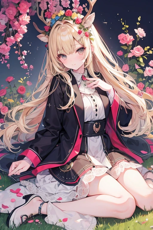 Unparalleled beauty,perfect face、Lie down in a beautiful flower garden、,Perfect Eye、old-fashioned costume、retro style、Deer antlers grow from the head、、golden eyes、blonde、Shy laughter、、Luxury brand clothes、Outerwear、ファッションmodeled、modeled、、Full body Esbian,