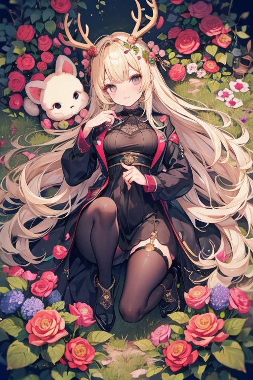 Unparalleled beauty,perfect face、Lie down in a beautiful flower garden、,Perfect Eye、old-fashioned costume、retro style、Deer antlers grow from the head、、golden eyes、blonde、Shy laughter、、Luxury brand clothes、Outerwear、ファッションmodeled、modeled、、Full body Esbian,