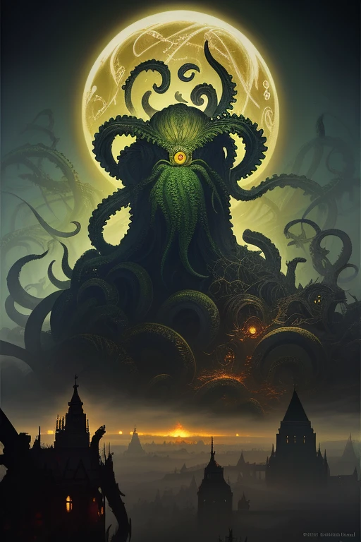 yellow and black, mystical monster, cosmic horror, monstrous creature, Lovecraft, with disgusting tentacles, surrounded by yellow fog, dark shadows, moss and blood, in a dark city, night