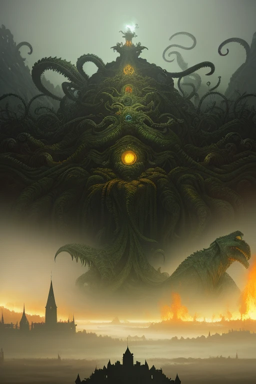 yellow and black, mystical monster, cosmic horror, monstrous creature, Lovecraft, with disgusting tentacles, surrounded by yellow fog, dark shadows, moss and blood, in a dark city, night