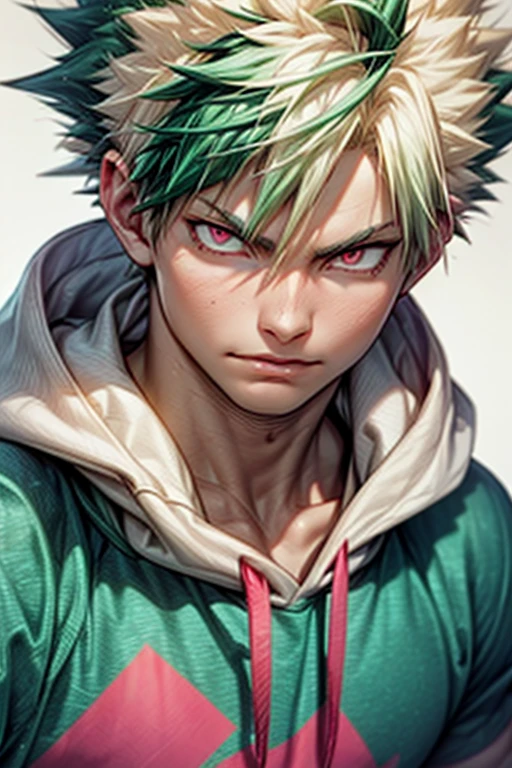 1boy bakugou katsuki , solo, solo focus, cowboy shot, oversized hoodie, aqua green and white hoodie, half aqua, half green, (), (yellow hair), (gradient hair :1.5), curly hair, ((pink eyes)), hyperdetailed eyes, tan, (caramel dark skin:1.1), best quality, ultra-detailed, white background, simple background