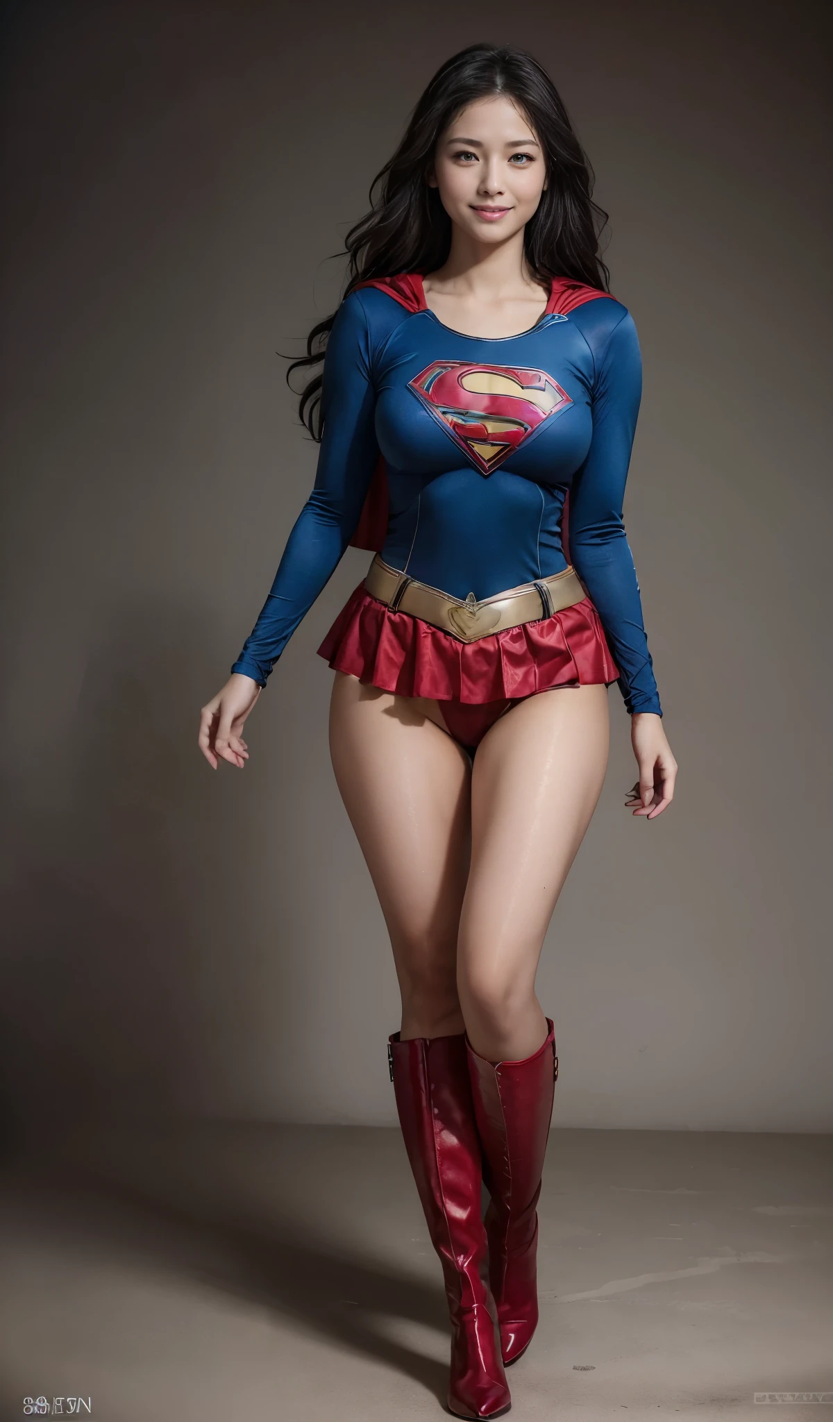 No background、Fitted Supergirl costume、Body Fit Costumes、and draw the full body、(((Wear black tights on your beautiful legs.)))、(((stretch your legs、tall、Legally express the beauty of your smile)))、((((Make the most of the original image)))、(((Supergirl Costume)))、(((beautiful hairl)))、(((Suffering)))、(((Feet must necessarily be worn with black tights)))、(((You need to wear red boots)))、((Highest image quality、8K))、((highest quality、8K、masterpiece:1.3))、(((Keep Background )))、Crisp focus:1.2、beautiful woman with perfect figure:1.4、slender abs:1.2、a wet body:1.5、Highly detailed face and skin texture、8K