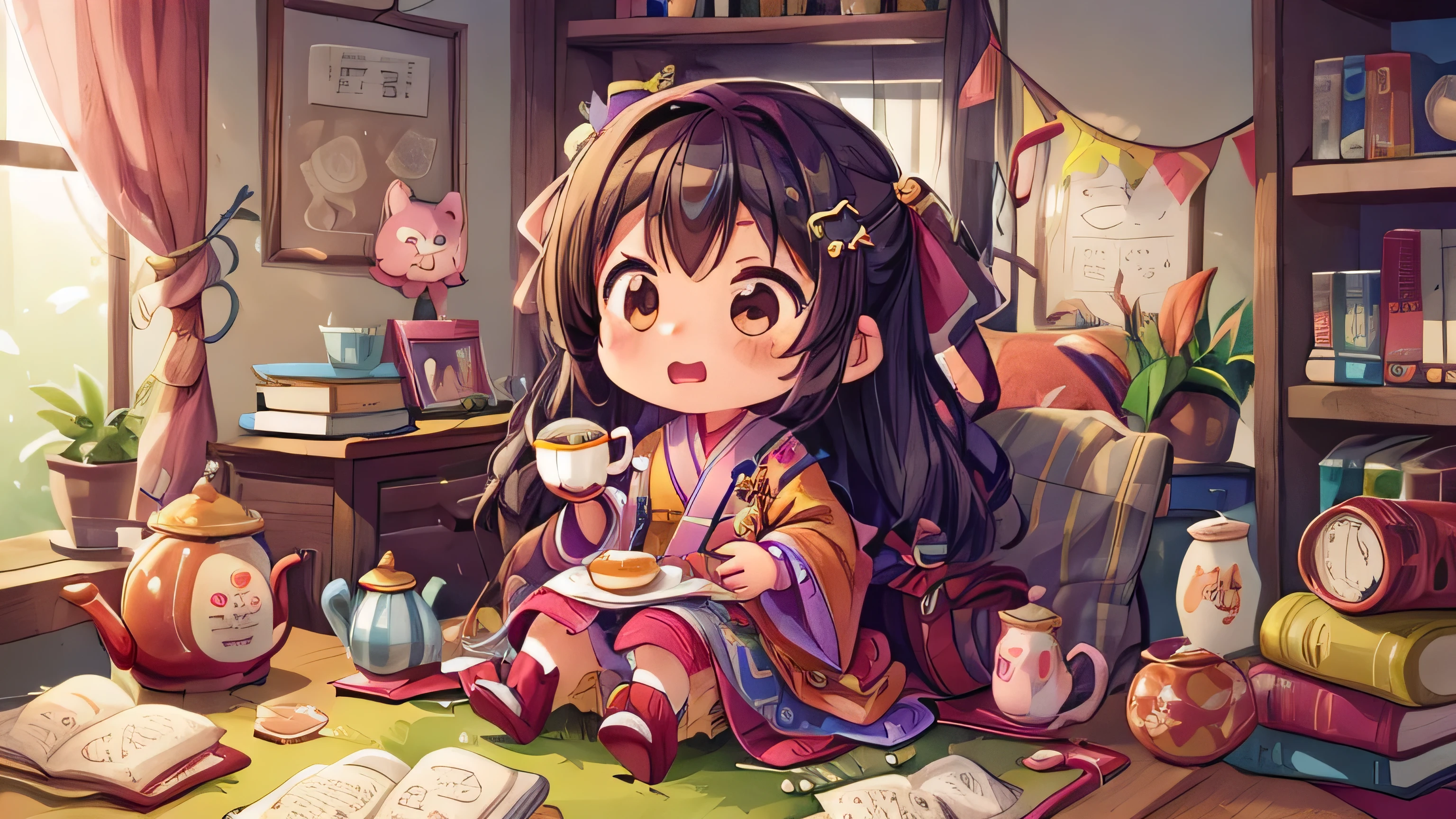 Cute baby chibi anime, grey kimono, ((sit inside the tea cup))