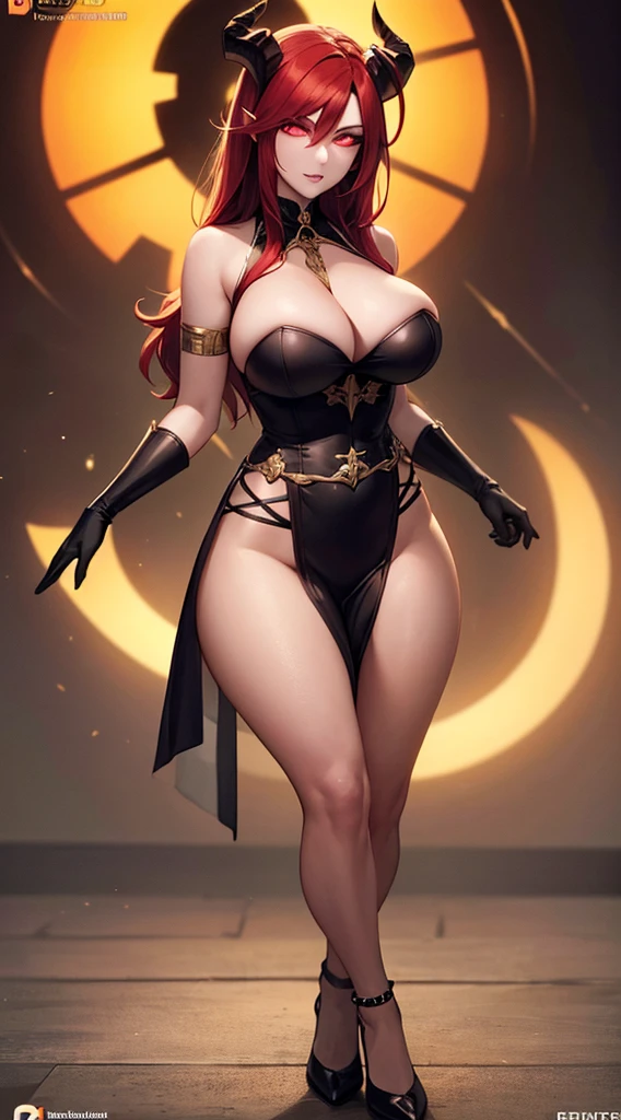 Imagine an adult woman with a statuesque figure, defined shoulders and a marked waist that enhances the sensuality of her curves. Her firm and generous breasts add a touch of power to her presence. The beautifully sculpted face is illuminated by intensely red eyes that exude determination and mystery. Her vibrant red hair is skillfully braided and reaches to her waist with half of her hair white, creating a striking contrast. Demon horns protruding from his head, beautiful dark red horns. This woman has a demonic aura that is reflected in her eyes. penetrating and in every line of his facial expression. Choosing red armor without shoulder pads accentuates your strength and elegance, while the corset highlights the fullness of your breasts, adding a seductive touch. The black forearms add an intriguing element to his appearance, contrasting with the skin and highlighting his unique nature. Completing the outfit, ripped pants add a touch of rebellion and demonic style to your ensemble. Every detail of his physical appearance contributes to creating a captivating and powerful image,standing,full body,(UHD),(8K),(Good quality),Good focus on the character,Better details.