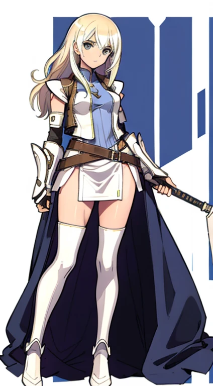 (((Best Quality))) , ((full body)), female, character design, solo, (white background), holding axe, gauntlets, waist armor, thigh high, side slit trench skirt, blue, Bust Bodice, green, violet, brown, white, colorful outfit, vest, bare arms, bareback, tactical vest,