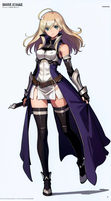 (((Best Quality))) , ((full body)), female, character design, solo, (white background), holding axe, gauntlets, waist armor, thigh high, side slit trench skirt, blue, Bust Bodice, green, violet, brown, white, colorful outfit, vest, bare arms, bareback, tactical vest,
