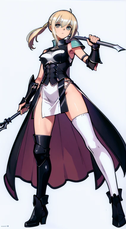 (((Best Quality))) , ((full body)), female, character design, solo, (white background), holding axe, gauntlets, waist armor, thigh high, side slit trench skirt, blue, Bust Bodice, green, violet, brown, white, colorful outfit, vest, bare arms, bareback, tactical vest,