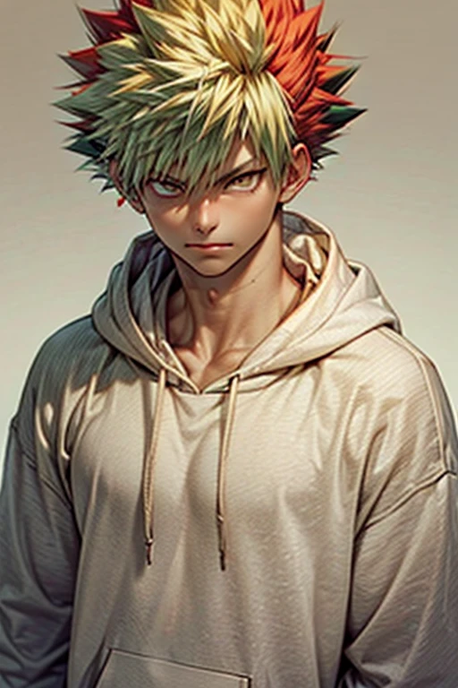 1boy bakugou katsuki , solo, solo focus, cowboy shot, oversized hoodie, aqua green and white hoodie, half aqua, half green, (), (yellow hair), (gradient red hair :1.5), ((brown eyes)), hyperdetailed eyes, tan, (caramel dark skin:1.1), best quality, ultra-detailed, white background, simple background