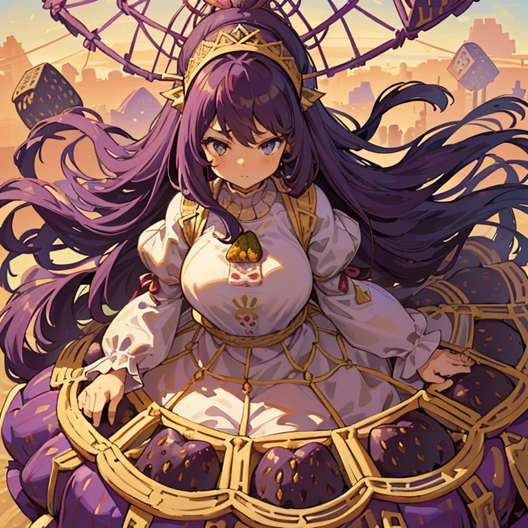 A girl with long afro hair flying low in the air covered in boiling large strawberry cake armor serving a large purple potato jam、amazing dynamism、amazing angle、unstable buoyancy sandstorm、(((Lots of friendly oversized dried fruit cubes chase you in a floating latticework)))、((surround each other&#39;Extra large lock))、