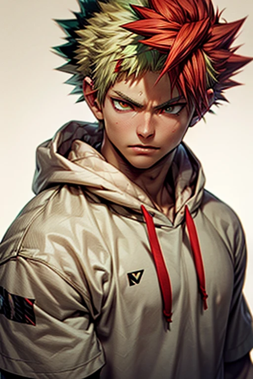 1boy muscular age 25 bakugou katsuki , solo, solo focus, cowboy shot, oversized hoodie, aqua green and white hoodie, half aqua, half green, (), (yellow hair), (gradient red hair :1.5), ((brown eyes)), hyperdetailed eyes, tan, (caramel dark skin:1.1), best quality, ultra-detailed, white background, simple background