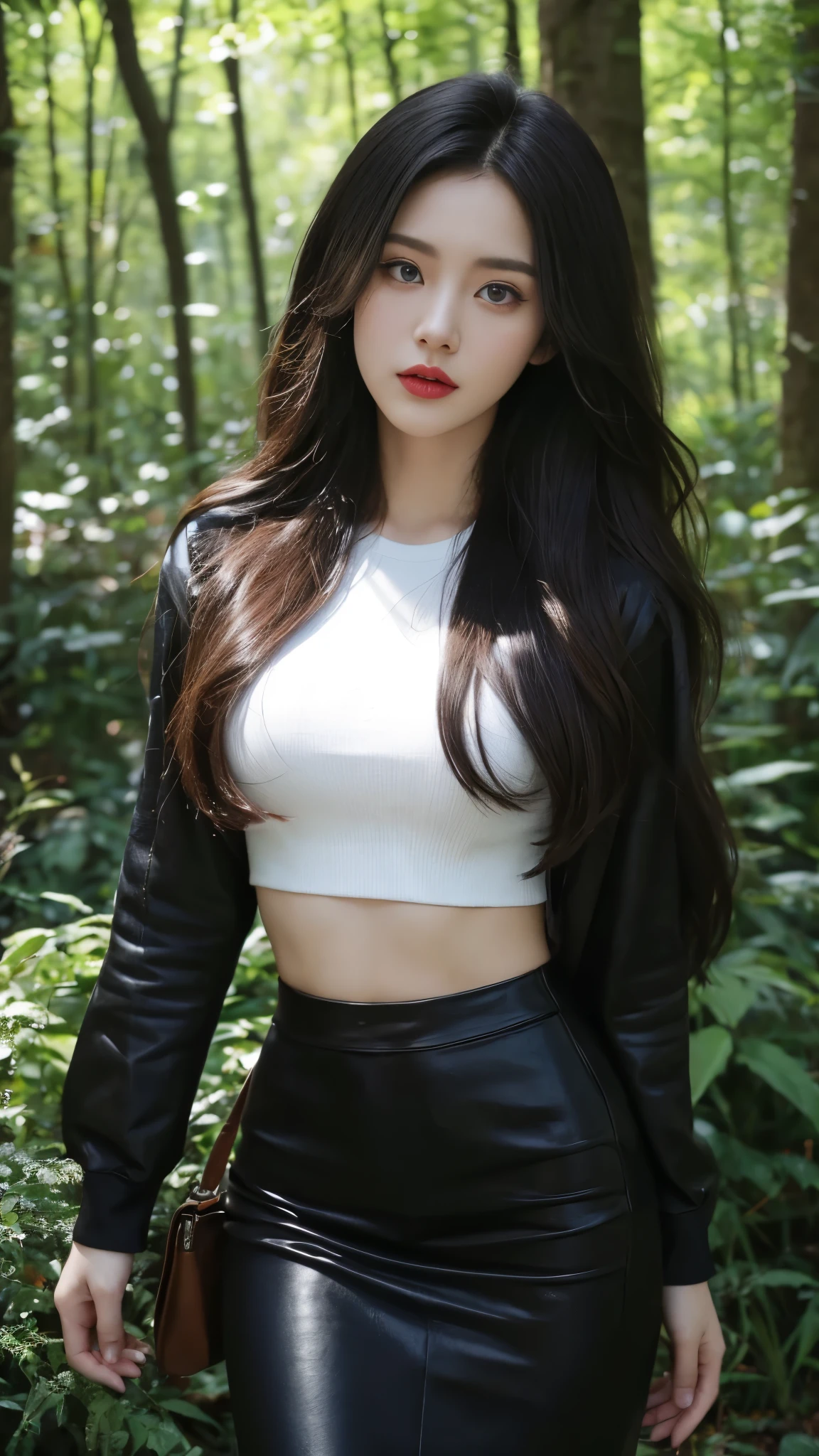 Beautiful girl, long hair, layered hair, femoral, blue eyes, Red lips, light makeup, leather crop top, leather pencil skirt, Black and red color combination outfit, park landscape, tall tree, bush,