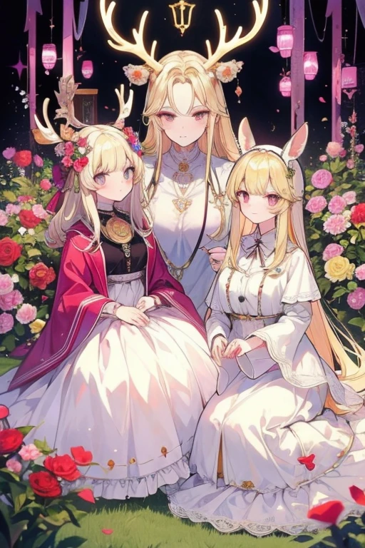 Unparalleled beauty,perfect face、Lie down in a beautiful flower garden、,Perfect Eye、old-fashioned costume、retro style、Deer antlers grow from the head、、golden eyes、blonde、Shy laughter、、Luxury brand clothes、Outerwear、ファッションmodeled、modeled、、Full body Esbian,with wild rabbits