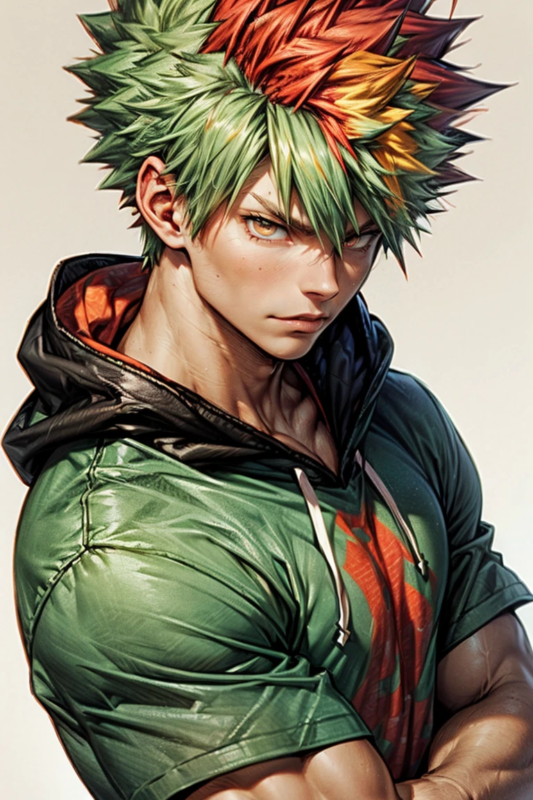 1boy muscular age 25 bakugou katsuki , solo, solo focus, cowboy shot, oversized hoodie, aqua green and white hoodie, half aqua, half green, (), (yellow hair), (gradient red hair :1.5), ((brown eyes)), hyperdetailed eyes, tan, (caramel dark skin:1.1), best quality, ultra-detailed, white background, simple background