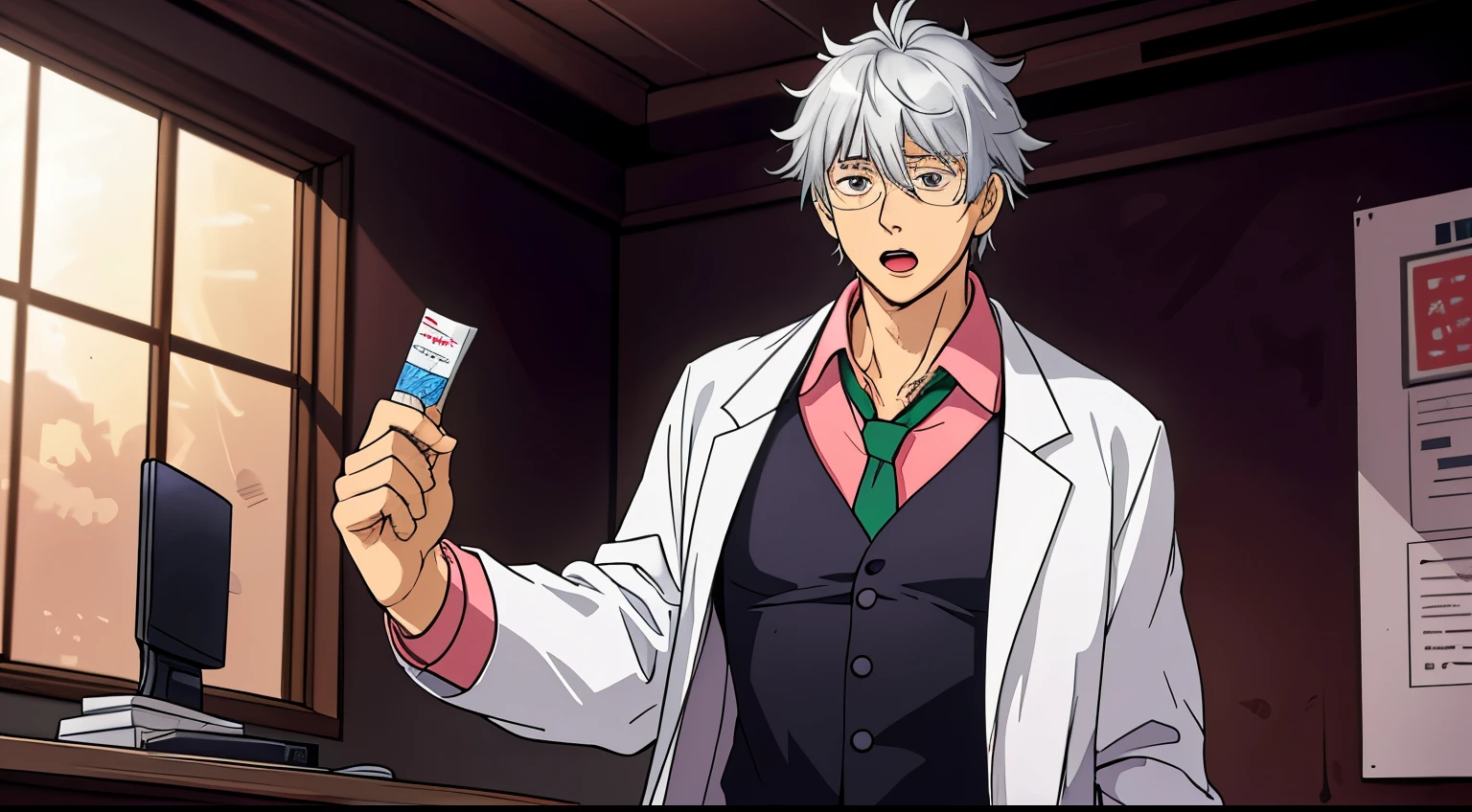 silver haired guy wearing white lab coat, he is surprised, his mouth is wide open in surprise