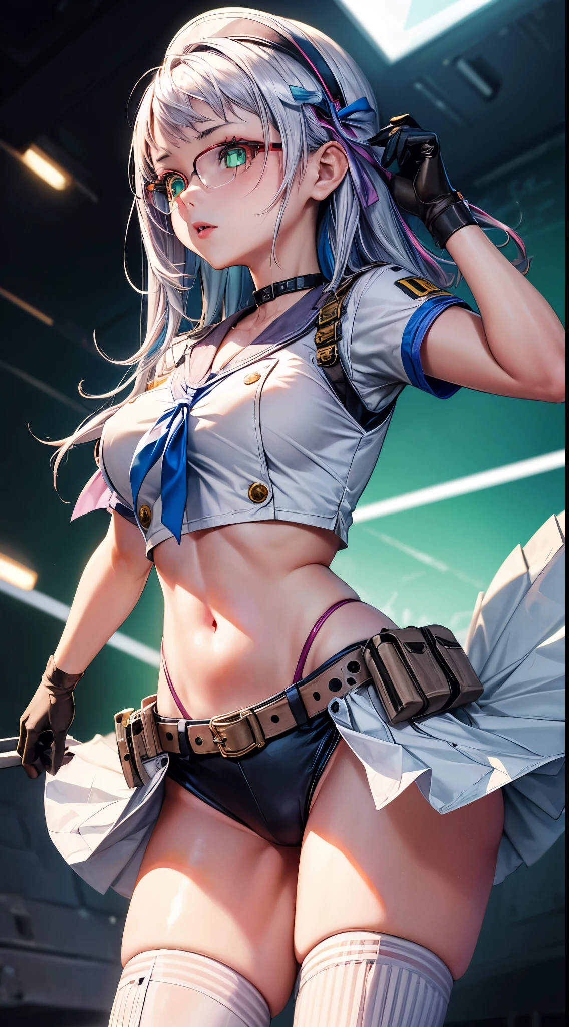 ((masterpiece)), (best quality), (detailed),(hires), (shining face, shining body), neonfx, neon_valorant, 1girl, solo, looking at viewer, blue eyes, blonde hair, gloves, navel, bare midriff, twintails, blue hair, multicolored hair, parted lips, black gloves, belt, pants, hand on hip, floating hair, bandaid, bandaid on face, electricity, animification, bandaid on nose, large breasts