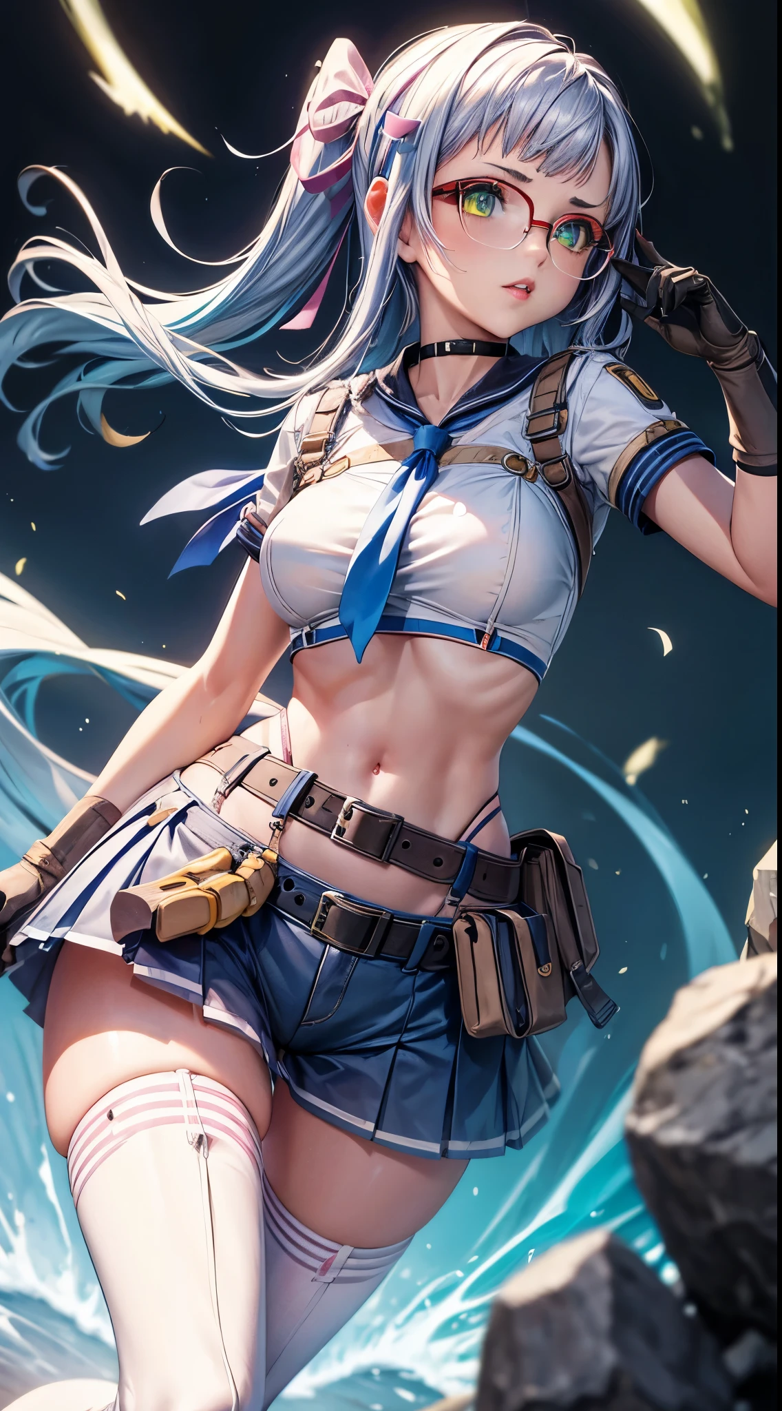 ((masterpiece)), (best quality), (detailed),(hires), (shining face, shining body), neonfx, neon_valorant, 1girl, solo, looking at viewer, blue eyes, blonde hair, gloves, navel, bare midriff, twintails, blue hair, multicolored hair, parted lips, black gloves, belt, pants, hand on hip, floating hair, bandaid, bandaid on face, electricity, animification, bandaid on nose, large breasts