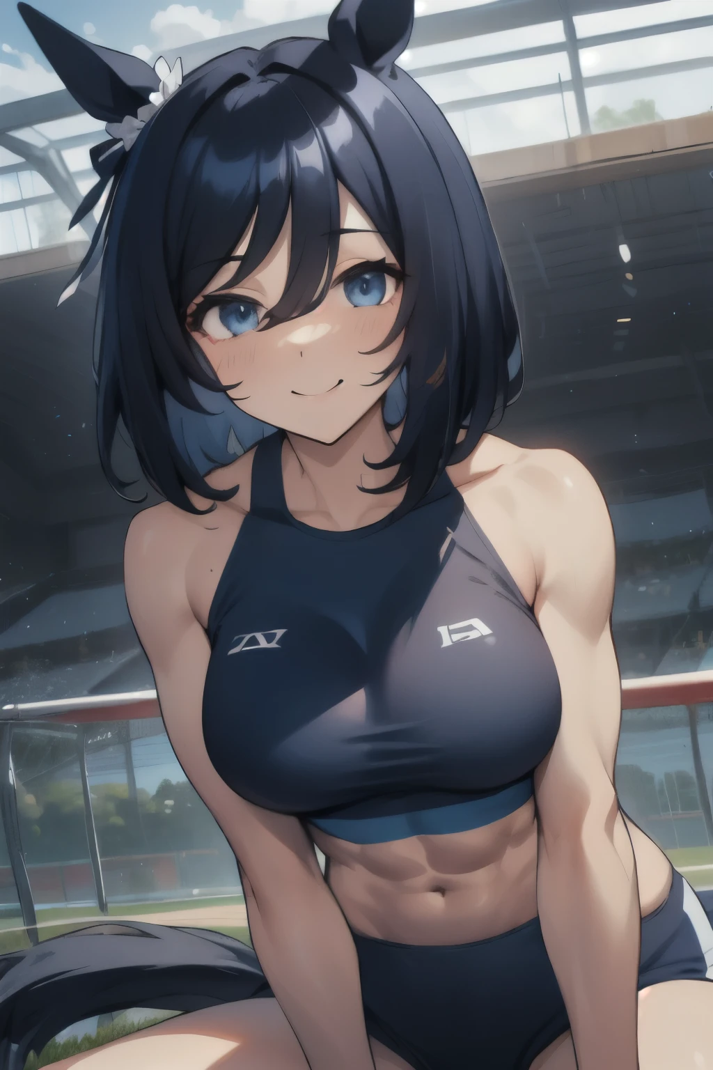 eishin flash\(umamusume\), ((ultra-detailed face)), masterpiece, best quality, symmetrical face, beautiful face, slender, muscle, abs, sports bra, horse tail, smile, athletics track, large tits, hand between legs