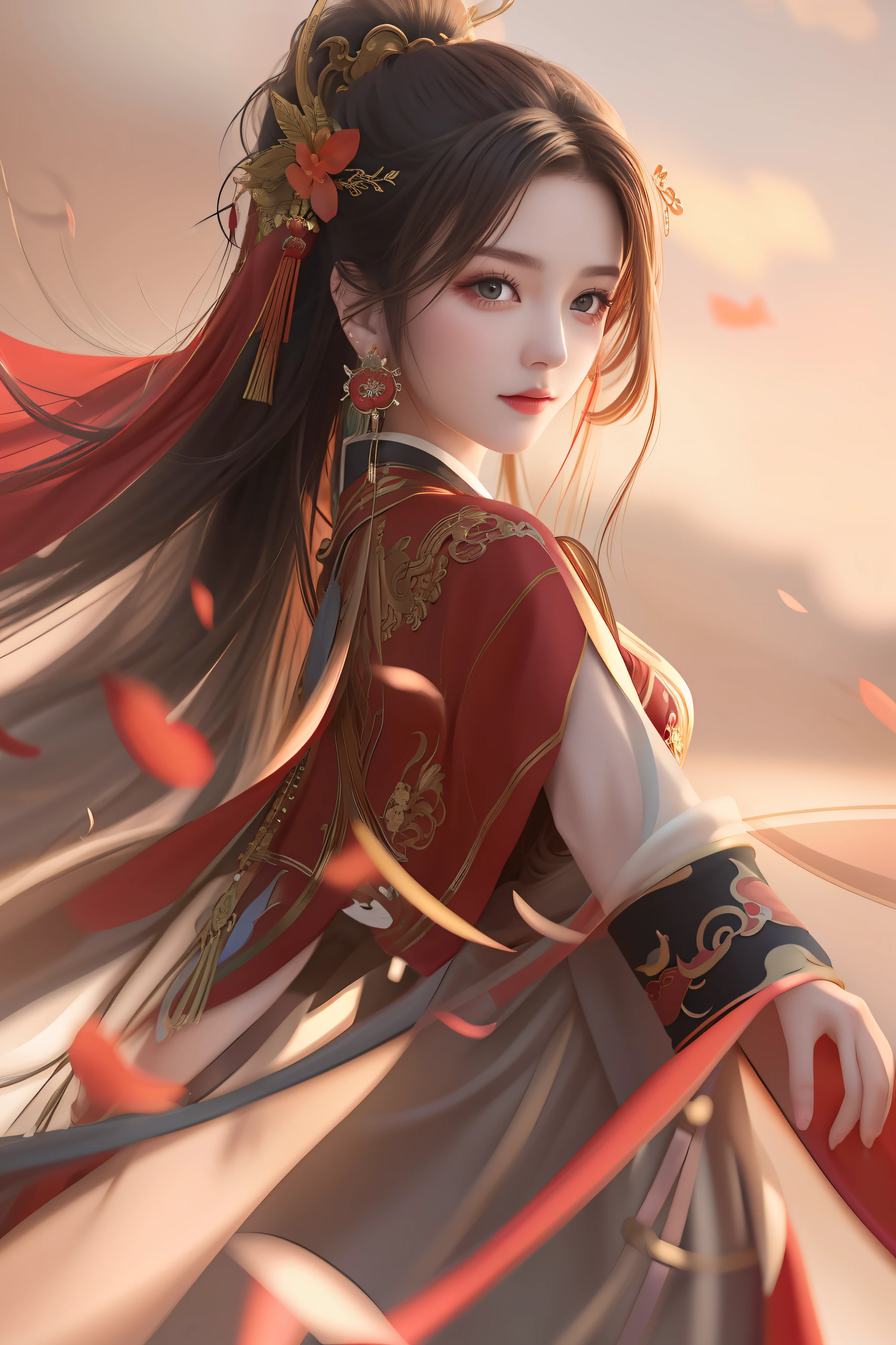 one wearing red clothes，Woman with long hair and red cloak, beautiful figure painting, fashion photography、portrait photos、ancient chinese beauties、Dunhuang Feitian、HD 8K digital SLR camera、masterpiece、best quality、meticulous、Huang Li、8K resolution-AR9:16 -- two two five，