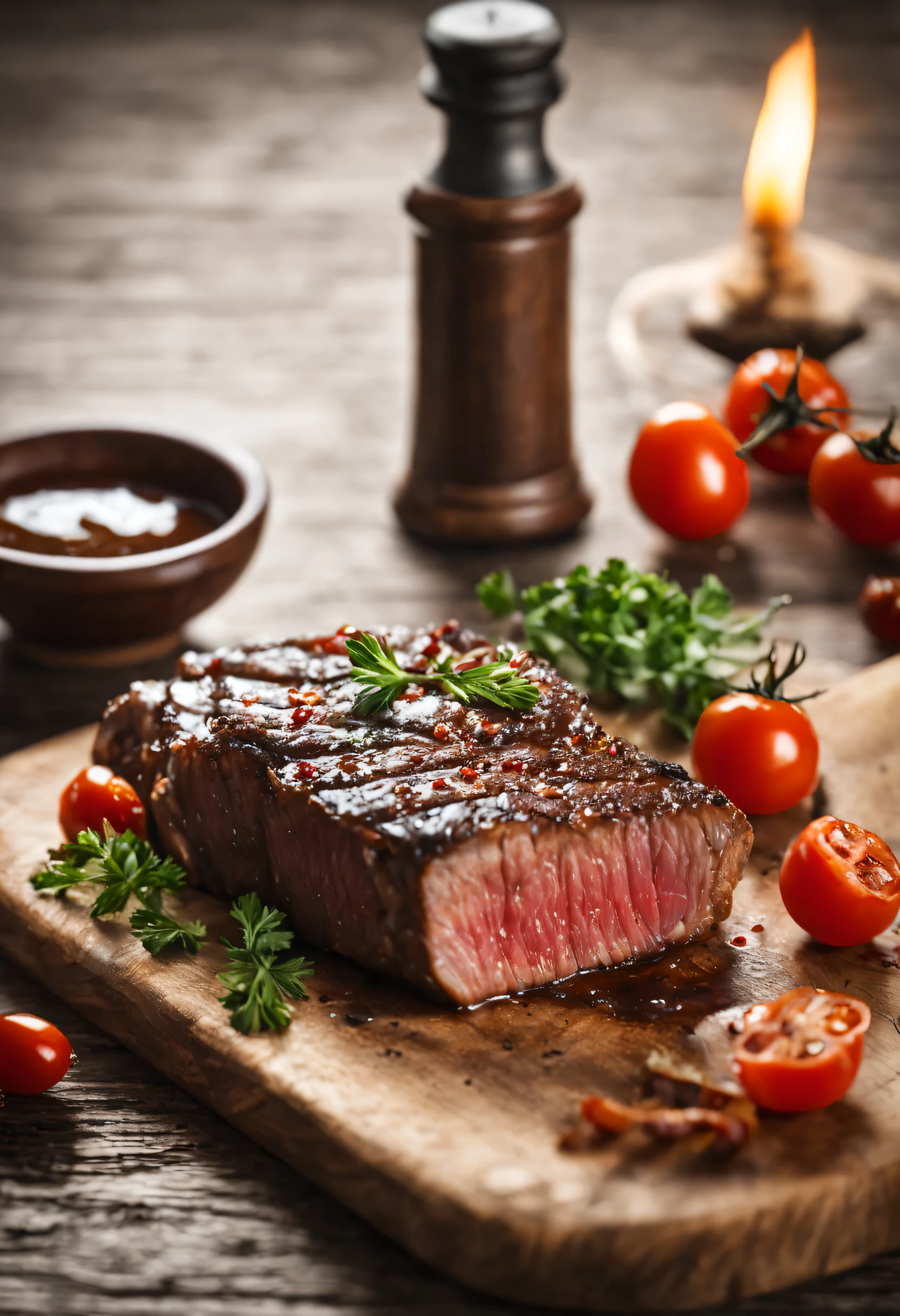 realistic images, Various sauce particles of medium beef steak on wooden cutting board, Onion slices on the side, Cherry tomato, small dried tomatoes, parsley slices, Forks and knives are neatly organized., Focus on the front of the steak, The rest is out of focus., dark. in the background, Old oil lamp in the background is blurred (The light is on). ratio 16:9