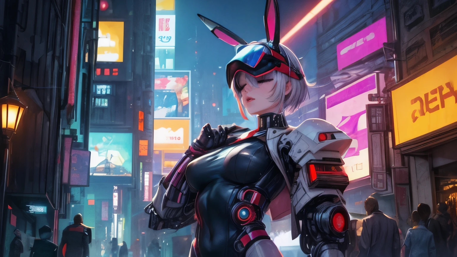 1 Girl, Skin-Tight Body-suite, White Body-Suite, Mecha-Bunny Ears, ((wearing cybernetic Visor covering the eyes)), Gadgets, (cyberpunk city background at night)