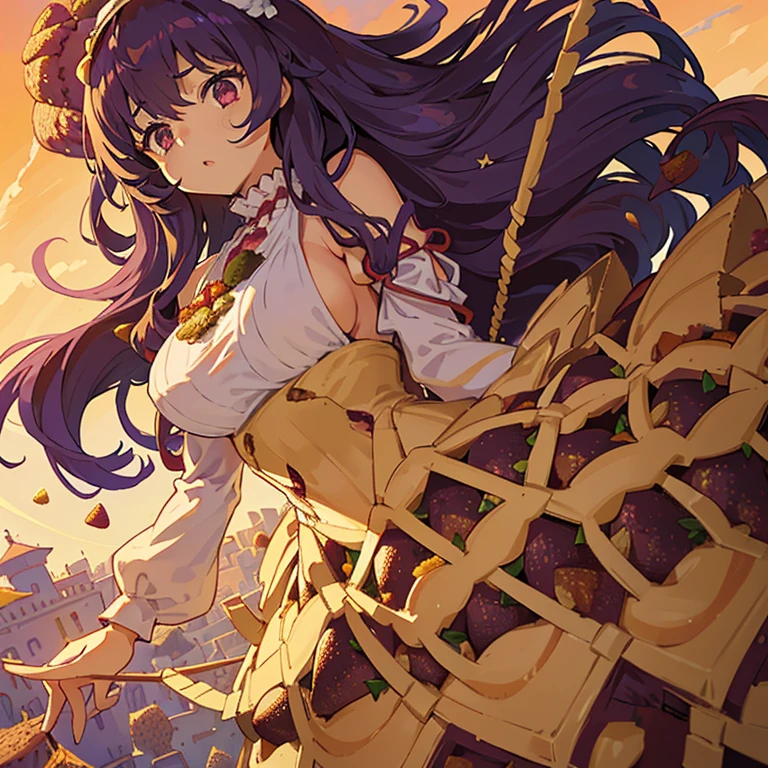 A girl with long afro hair flying low in the air covered in boiling large strawberry cake armor serving a large purple potato jam、amazing dynamism、amazing angle、unstable buoyancy sandstorm、(((Lots of friendly oversized dried fruit cubes to chase on the anti-gravity grid)))、((surround each other&#39;extra large lattice straw))、