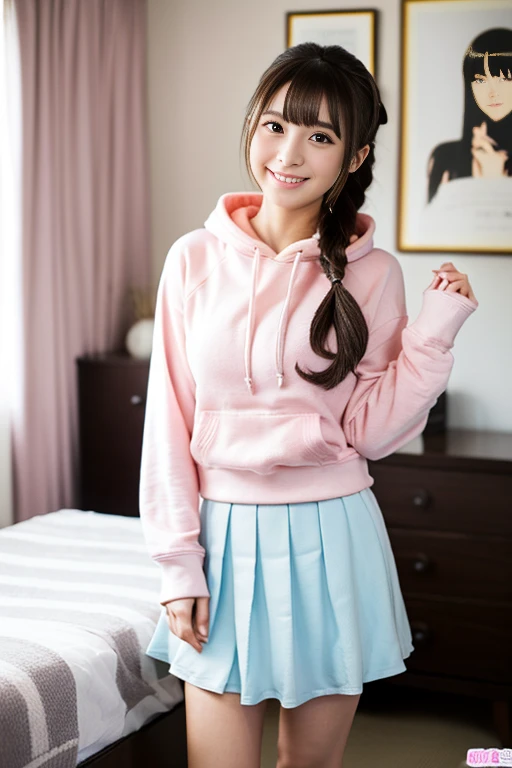 (((masterpiece))), (((full body photo,is standing)),(one beautiful japanese girl, Pure,cute) ,ultra high resolution, reality,super detailed, 8K,highest quality, very detailed, blurry background,slender,small breasts,very beautiful japanese girl, detailed face:1.3), (twin tails,black haired :1.4), (baby face,cute系,adorable 17 year old girl), (perfect body:1.1), (Light pink hoodie,Light blue pleated mini skirt), A smile that makes you want to hug me,detailed face、detailed lip、meticulous and accurate eye、double eyelids、small gravure idol,transparent skin、lolita,in own room、Relaxed atmosphere,Stay in the room,there is a small bed,There are also anime posters,Textbooks are lined up on the bookshelf,pretty pose