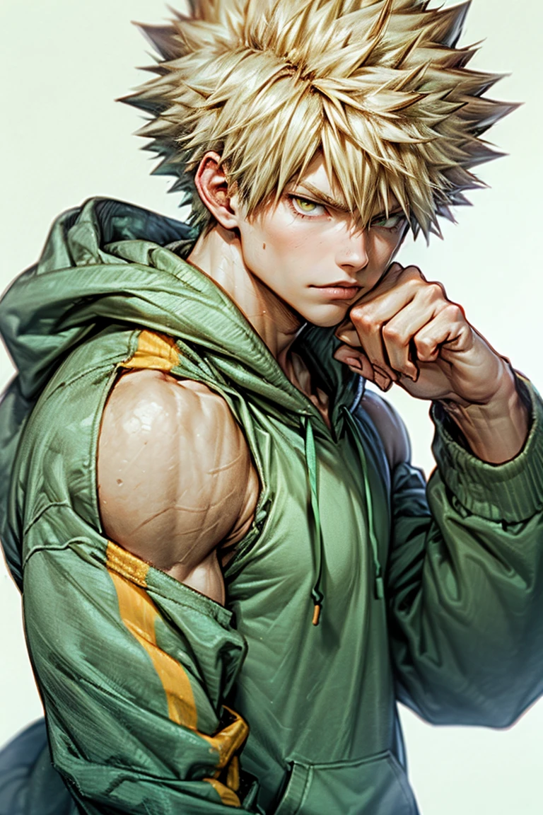 1boy muscular rugged age 25 bakugou katsuki , solo, solo focus, cowboy shot, (oversized hoodie of aqua green and white colour, shaded as half aqua, half green) , (), (yellow blonde hair that have gradient red hair :1.2), ((brown eyes)), hyperdetailed eyes, best quality, ultra-detailed, white background, simple background