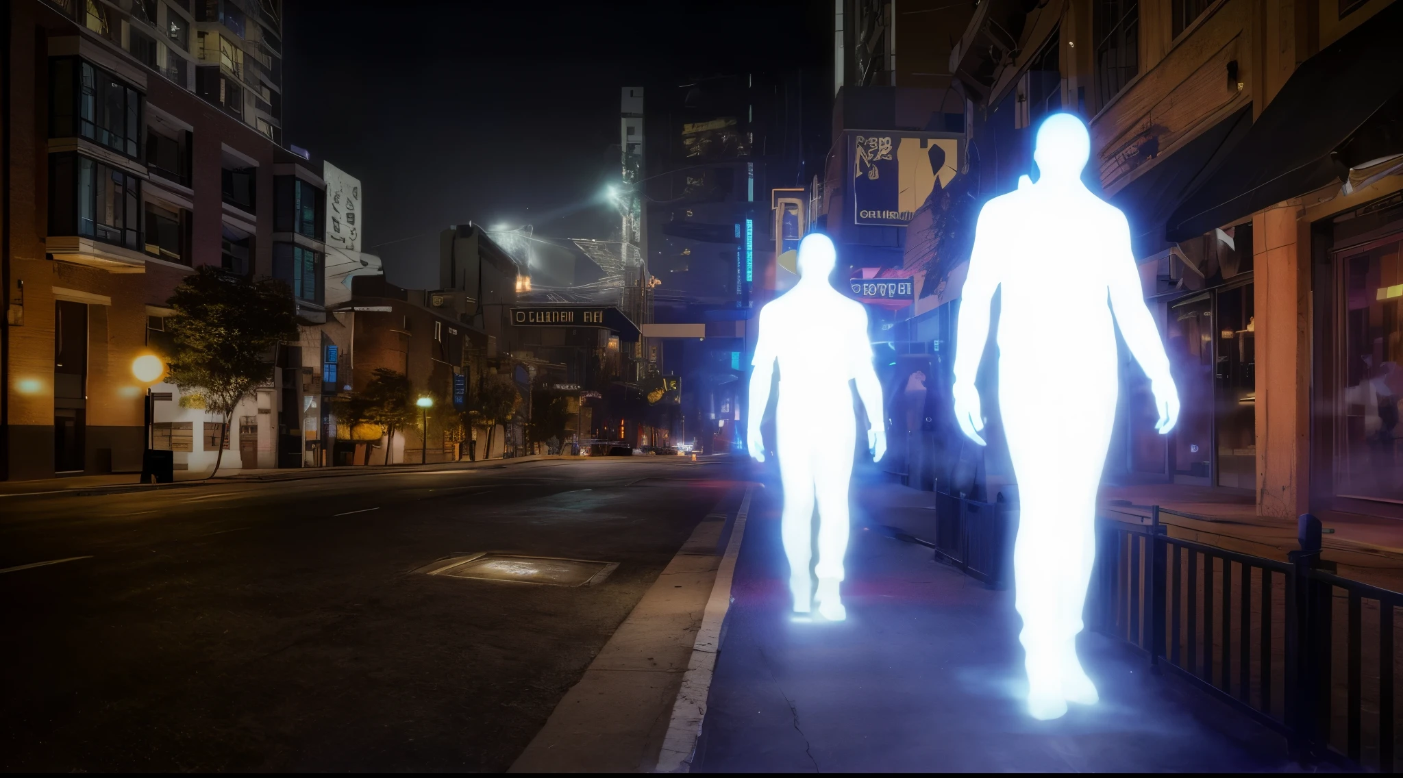 two glowing people walking down a city street at night with neon lights, distant glowing figures, human glowing, holy spirit light, spirit beings , glowing people, neon cybernetic implants, glowing cybernetic augments, human futuristic city, ghostly figures, huge holograms, many beings walking about, inspired by Bruce Nauman, dark figures walking, glowing sprites, realistic image, 16k resolution, capture by footage