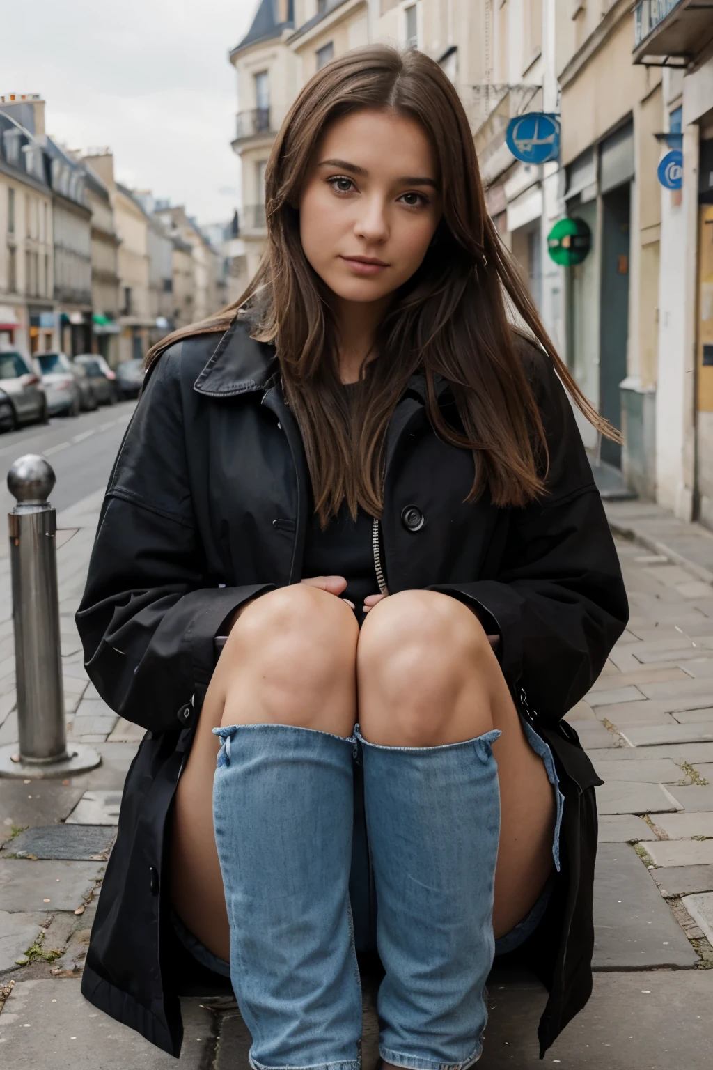 Image d'une femme brune, élégante et raffinée, assise sur les toits de paris, elle a les yeux brun, une bouche pulpeuse, une taille fine, elle lève un côté de sa jupe pour faire apparaître sa jambe droite, photo réaliste, photographe, 4k, realistic