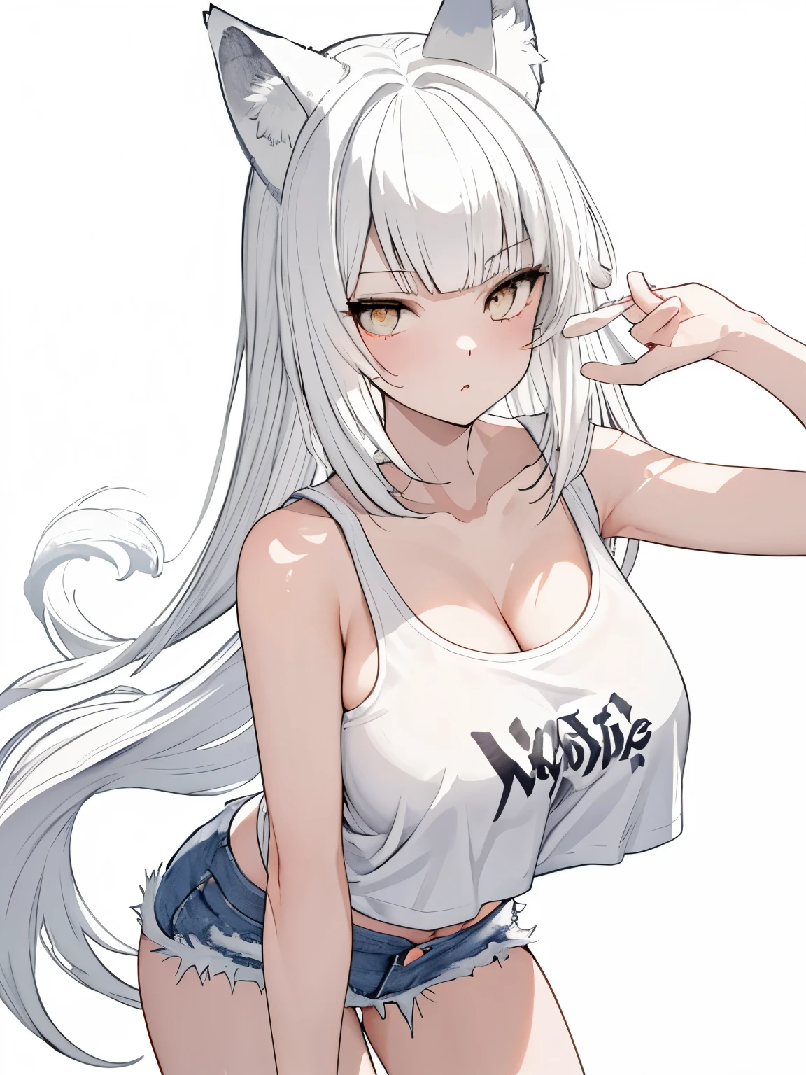 masterpiece, best quality, high contrast, masterpiece, best quality, high quality, perfect anatomi, 1girl, breast, white hair, blunt bangs, long hair, wolf ears, wolf tail, tank top, navel, stomach, denim shorts, white background,