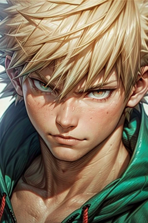 1boy muscular rugged age 25 bakugou katsuki , (oversized hoodie of aqua green and white colour, shaded as half aqua, half green) , (), (yellow blonde hair that have gradient red hair :1.2), ((brown eyes)), hyperdetailed, best quality, ultra-detailed, white background, simple background