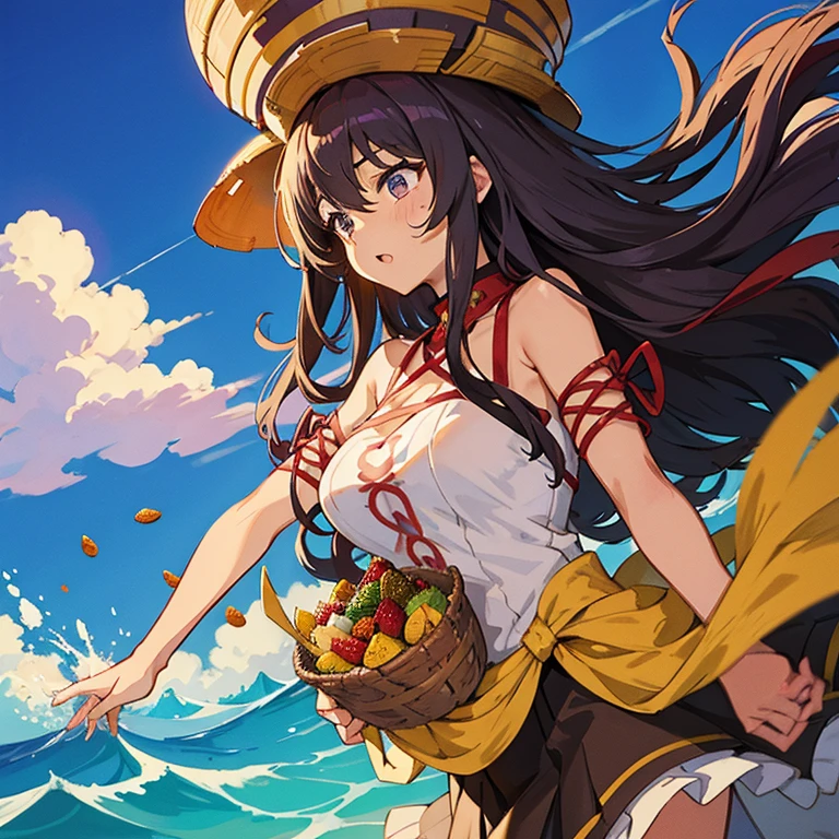 A girl with long afro hair flying low in the air covered in boiling large strawberry cake armor serving a large purple potato jam、amazing dynamism、amazing angle、unstable buoyancy sandstorm、(((Lots of friendly oversized dried fruit cubes chase with floating sine waves)))、((surround each other'extra large sine wave))、