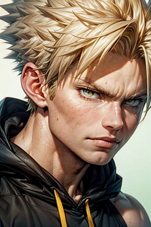 1boy muscular rugged age 25 bakugou katsuki , solo, (upper body) (oversized hoodie of aqua green and white colour, shaded as half aqua, half green) , (), (yellow blonde hair that have gradient red hair :1.2), ((brown eyes)), hyperdetailed eyes, best quality, ultra-detailed, white background, simple background