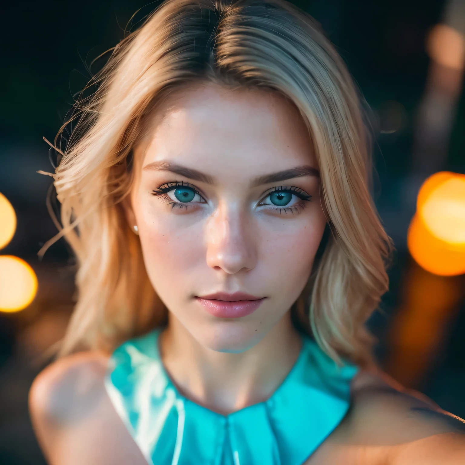 (selfie, top view: 1.4), (straight half of the body: 1.4), RAW UHD portrait photo of a 24-year-old blonde (blue-eyed woman) walking down on the beach, palm trees, (skirt), (neckline), details (textures! , hair! , glitter, color!! , disadvantages: 1.1), glossy eyes with high detail (looking at the camera), SLR lighting, SLR camera, ultra-quality, sharpness, depth of field, film grain (center), Fujifilm XT3, crystal clear, frame center, beautiful face, sharp focus, street lamp, neon lighting, bokeh (dimly lit), night, (night sky), detailed skin pores, oily skin, sunburn, complex eye details, full body, large breasts