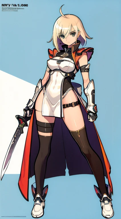 (((Best Quality))) , ((full body)), female, character design, solo, (white background), holding sword, gauntlets, waist armor, thigh high, side slit trench skirt, blue, orange, green, violet, brown, white, colorful outfit, vest, bare arms, bareback, tactical vest, Bust Bodice,